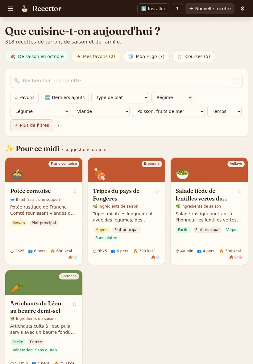 Recettor sur tablette : recherche, filtres et suggestions sur trois colonnes