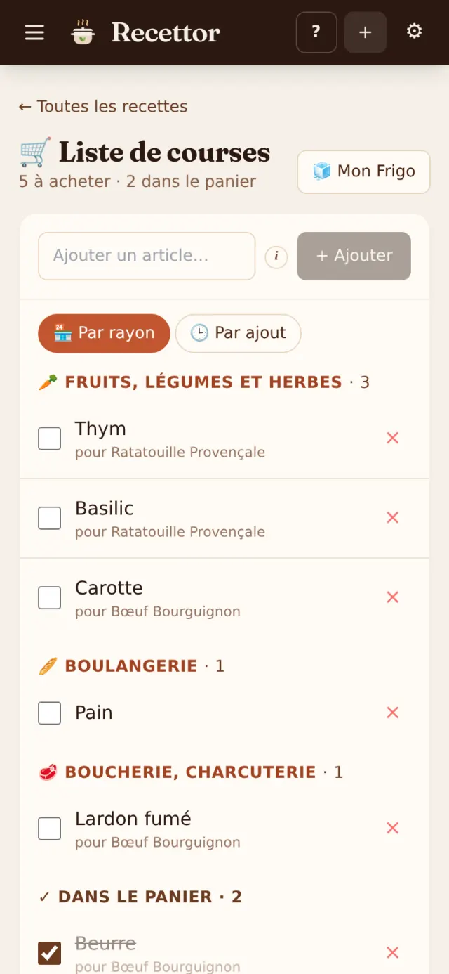 Liste de courses sur smartphone, regroupée par rayon : fruits et légumes, boulangerie, boucherie