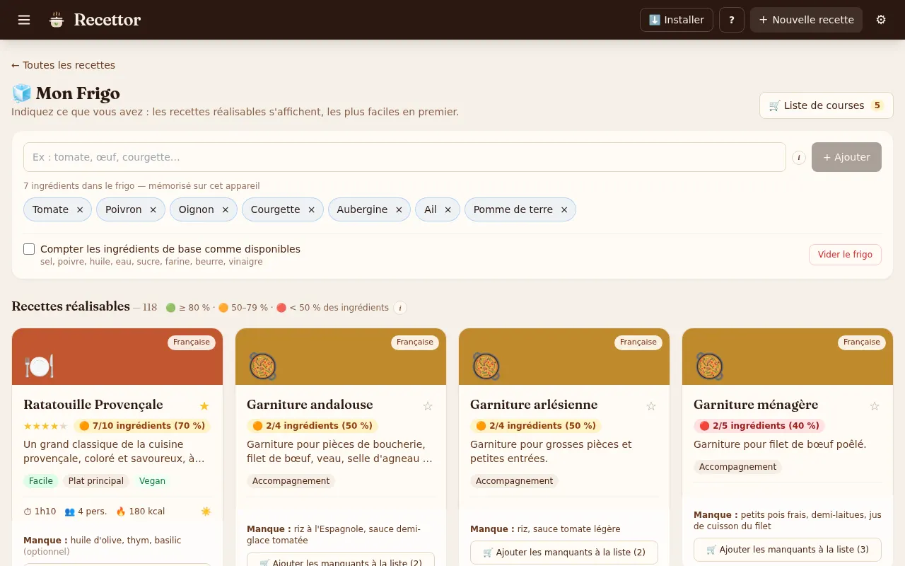 Page Mon Frigo : ingrédients saisis et recettes réalisables avec leur pourcentage d'ingrédients disponibles