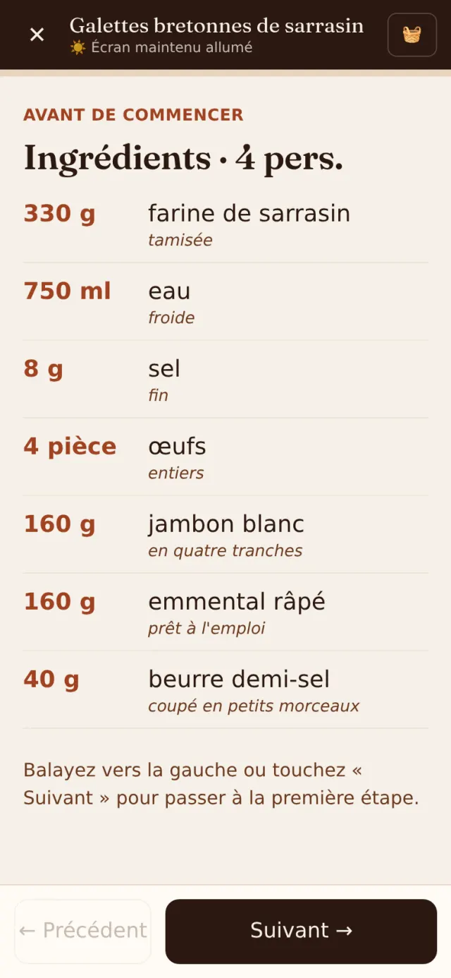 Mode cuisine sur smartphone : ingrédients des galettes bretonnes en grand, bouton Suivant