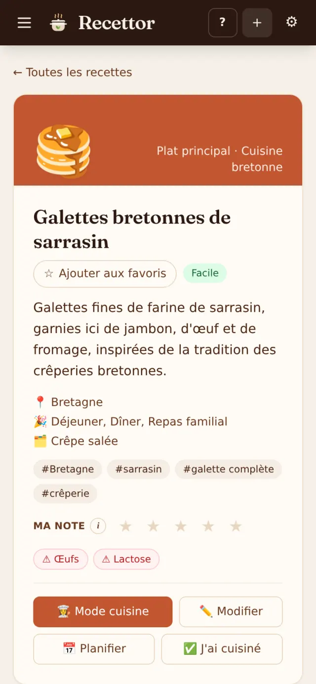 Capture de la fiche « Galettes bretonnes de sarrasin » sur smartphone